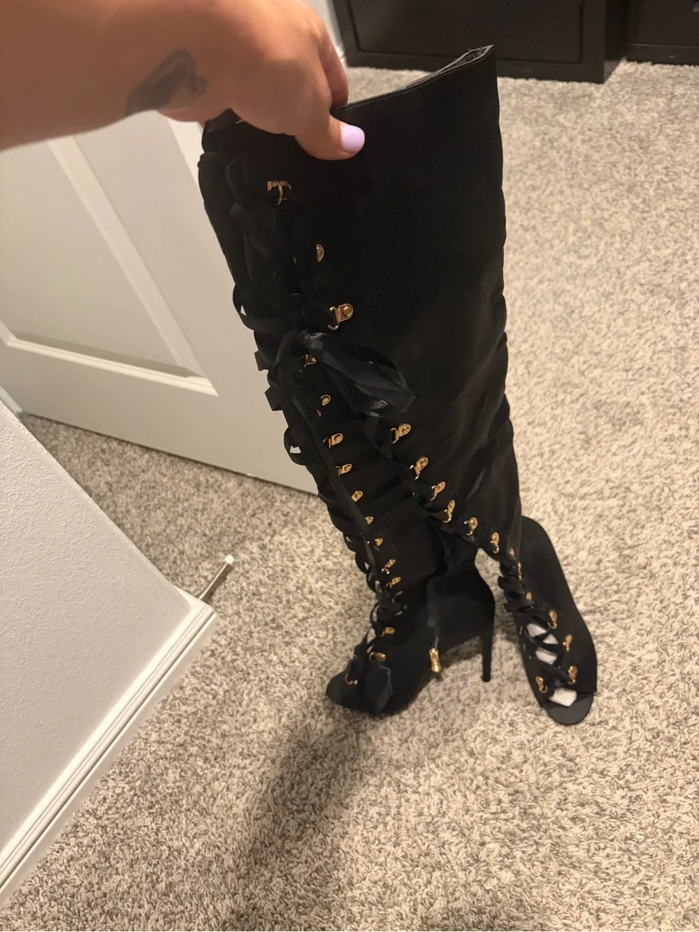 Women's Black Lace-Up Over-the-Knee Stiletto Boots